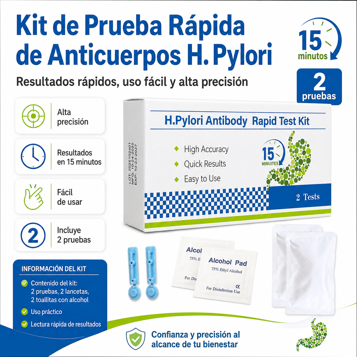 Kit de prueba de anticuerpos H Pylori - 2 piezas