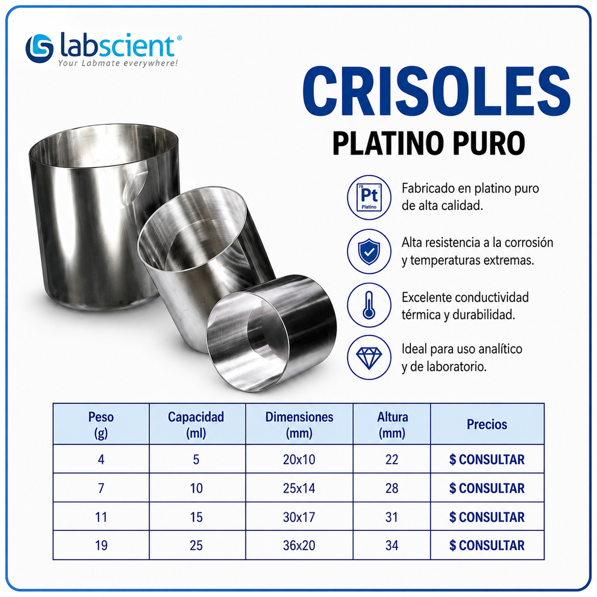 Crisoles de platino puro