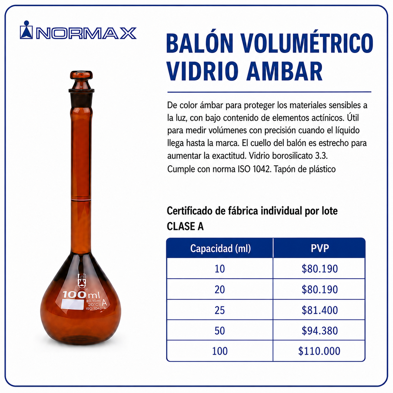 Balón volumétrico vidrio ambar