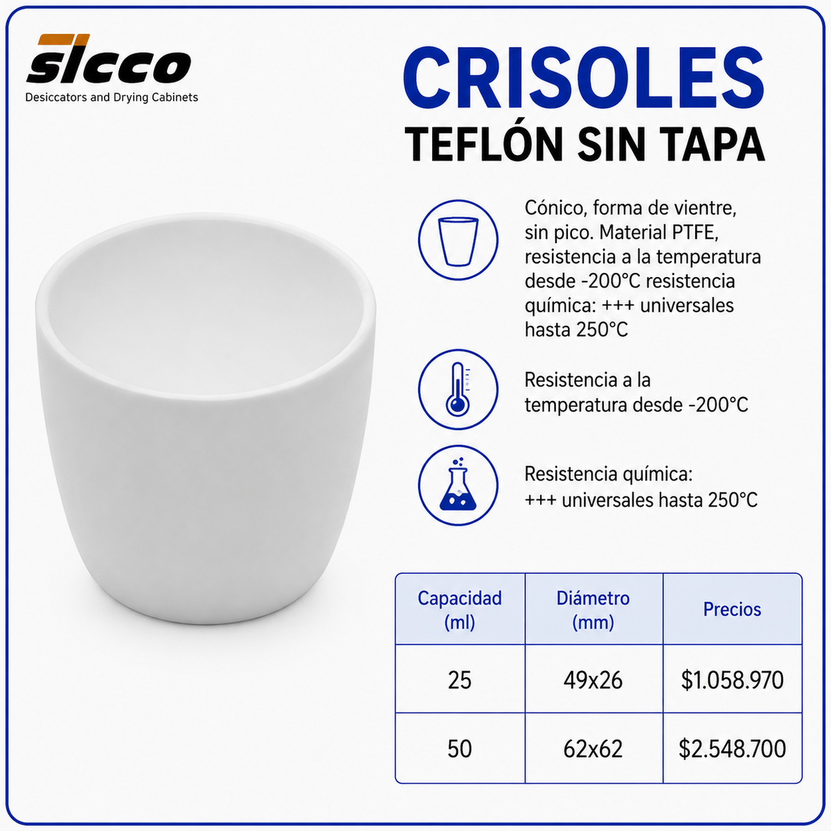 Crisoles de teflón sin tapa