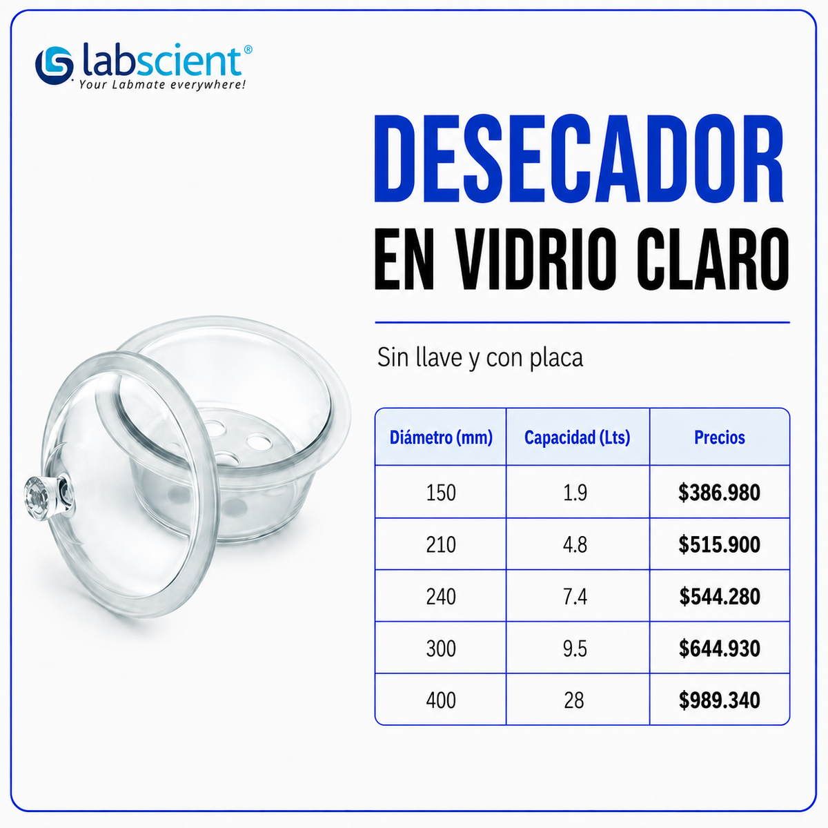 Desecador en vidrio claro