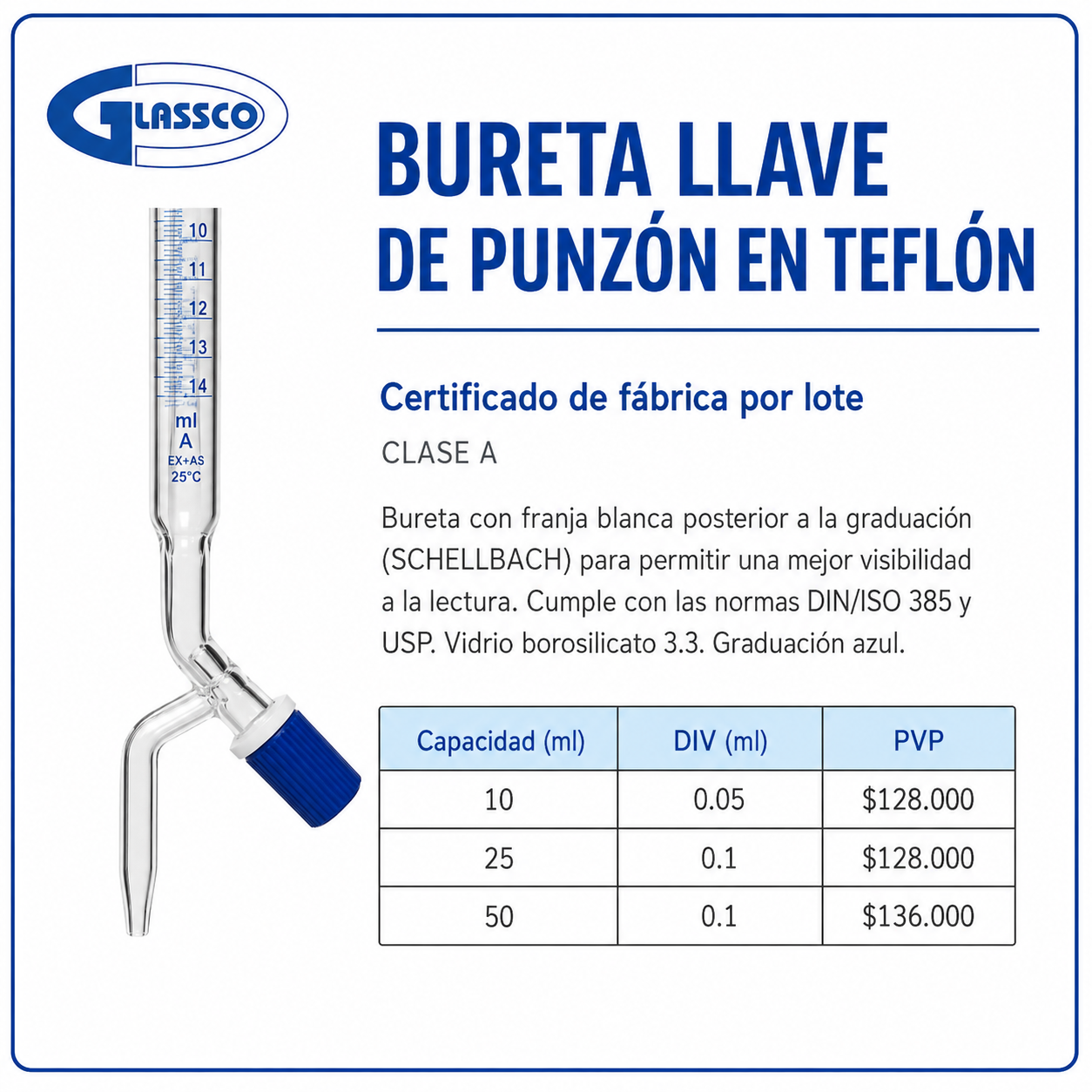 Bureta llave de punzón en teflón